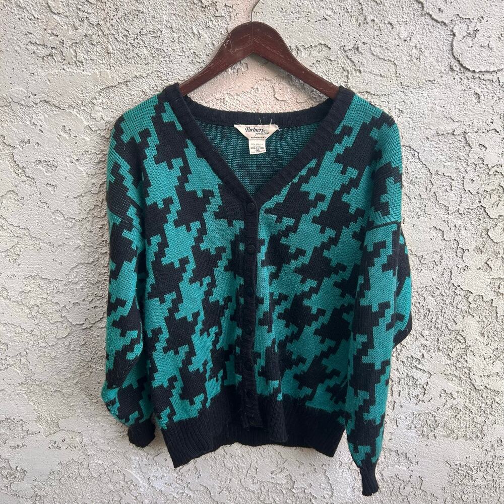 Vintage Teal Black Houndstooth Cardigan Sweater Womens M